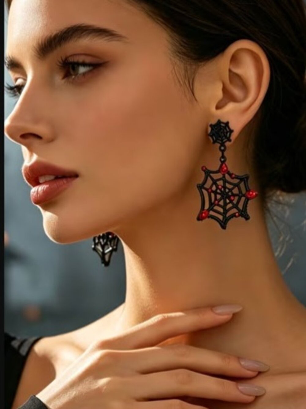 DESIGNER Goth Halloween Spider Web Black Red Crystal Drop Earrings**NEW!